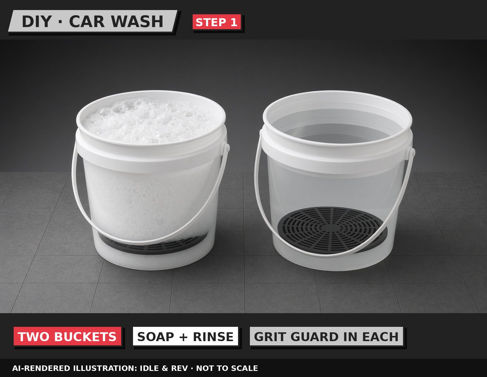 Idle & Rev illustration: Set up two buckets