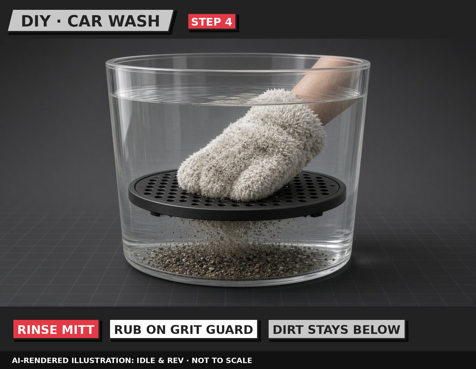Idle & Rev illustration: Rinse the mitt on the grit guard