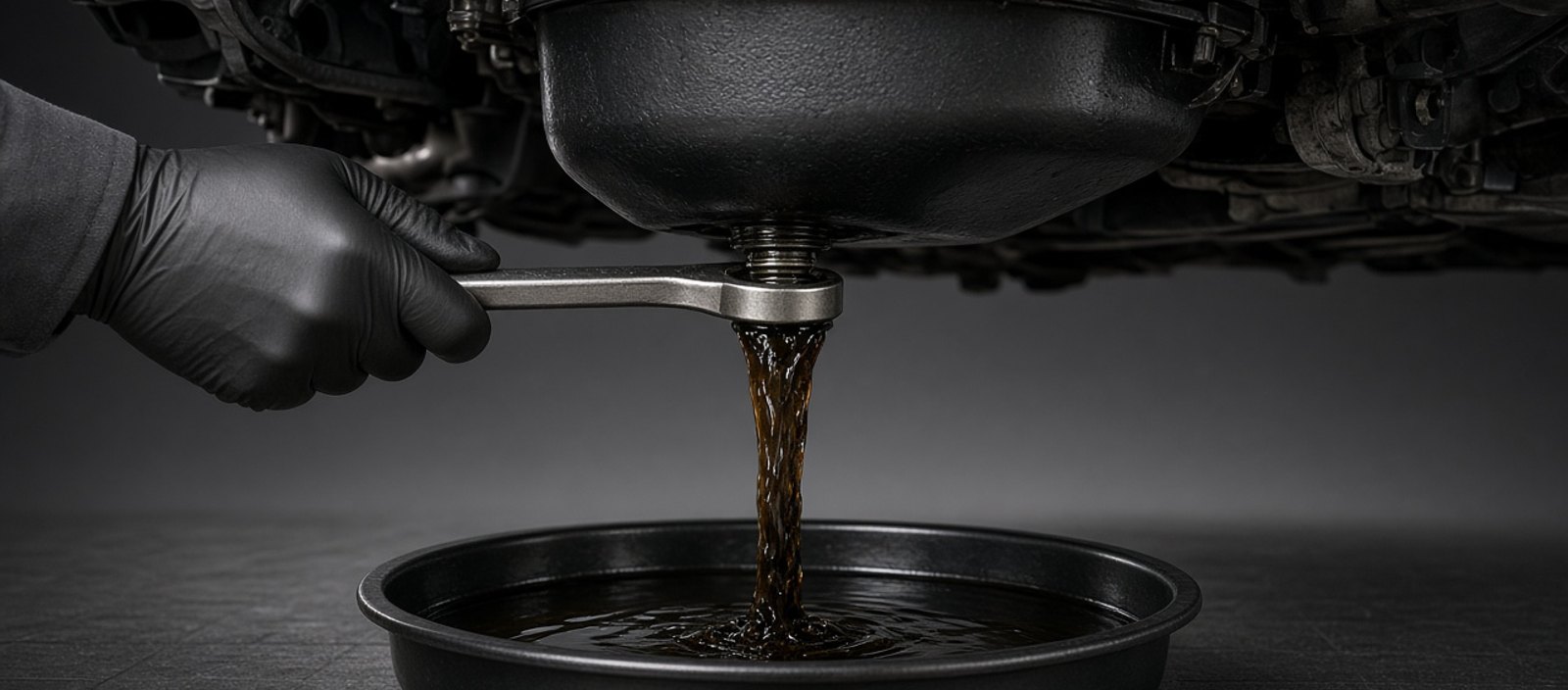 Draining engine oil into a drain pan