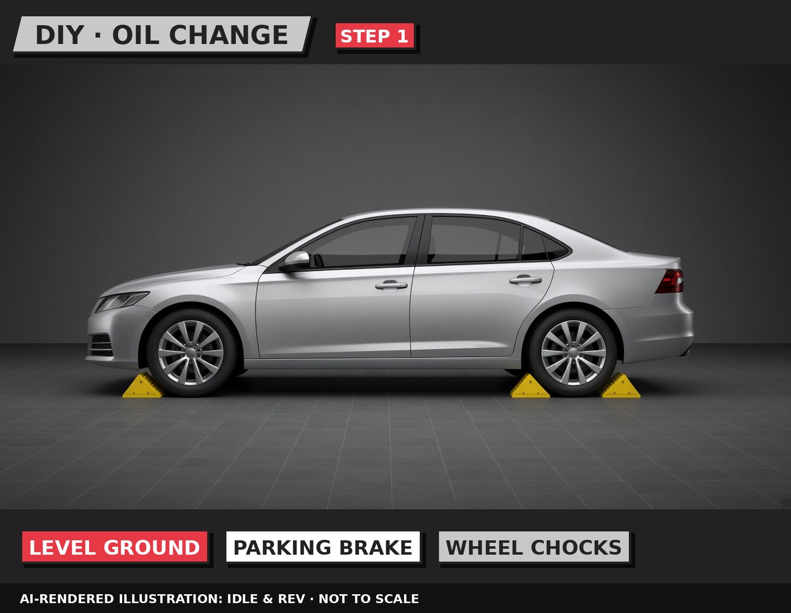 Idle & Rev illustration: Warm up, park level and chock the wheels