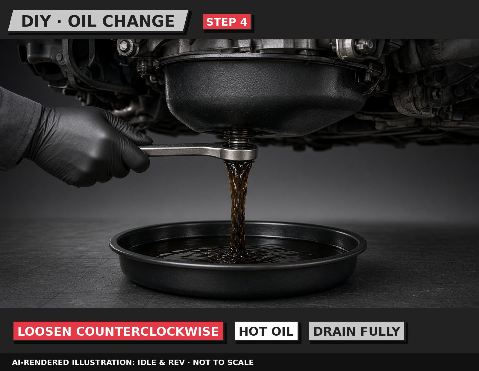 Idle & Rev illustration: Remove the drain plug and drain the oil