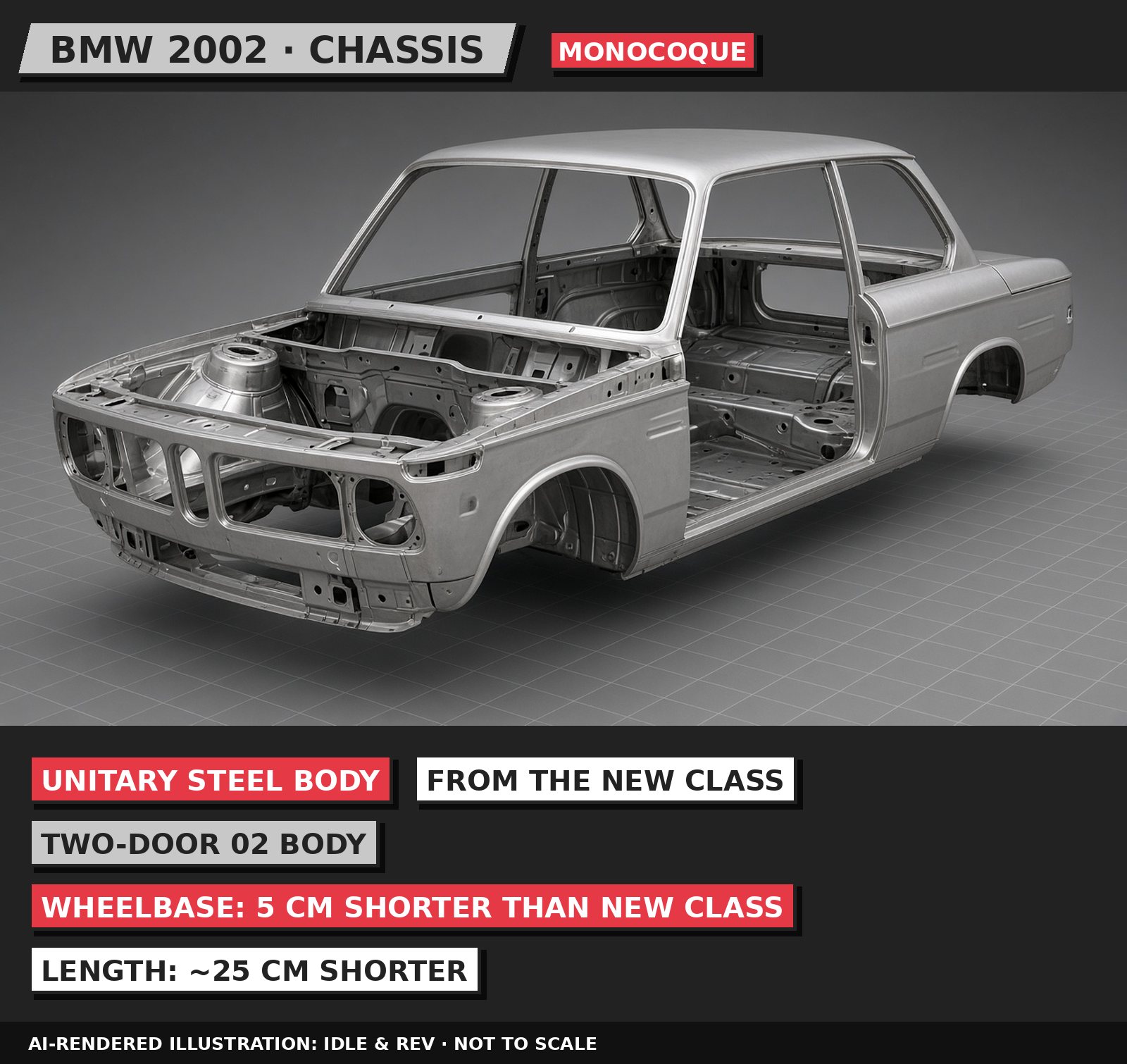 AI-rendered 3D illustration, 80s neo-pop style: BMW 2002 chassis, labelled