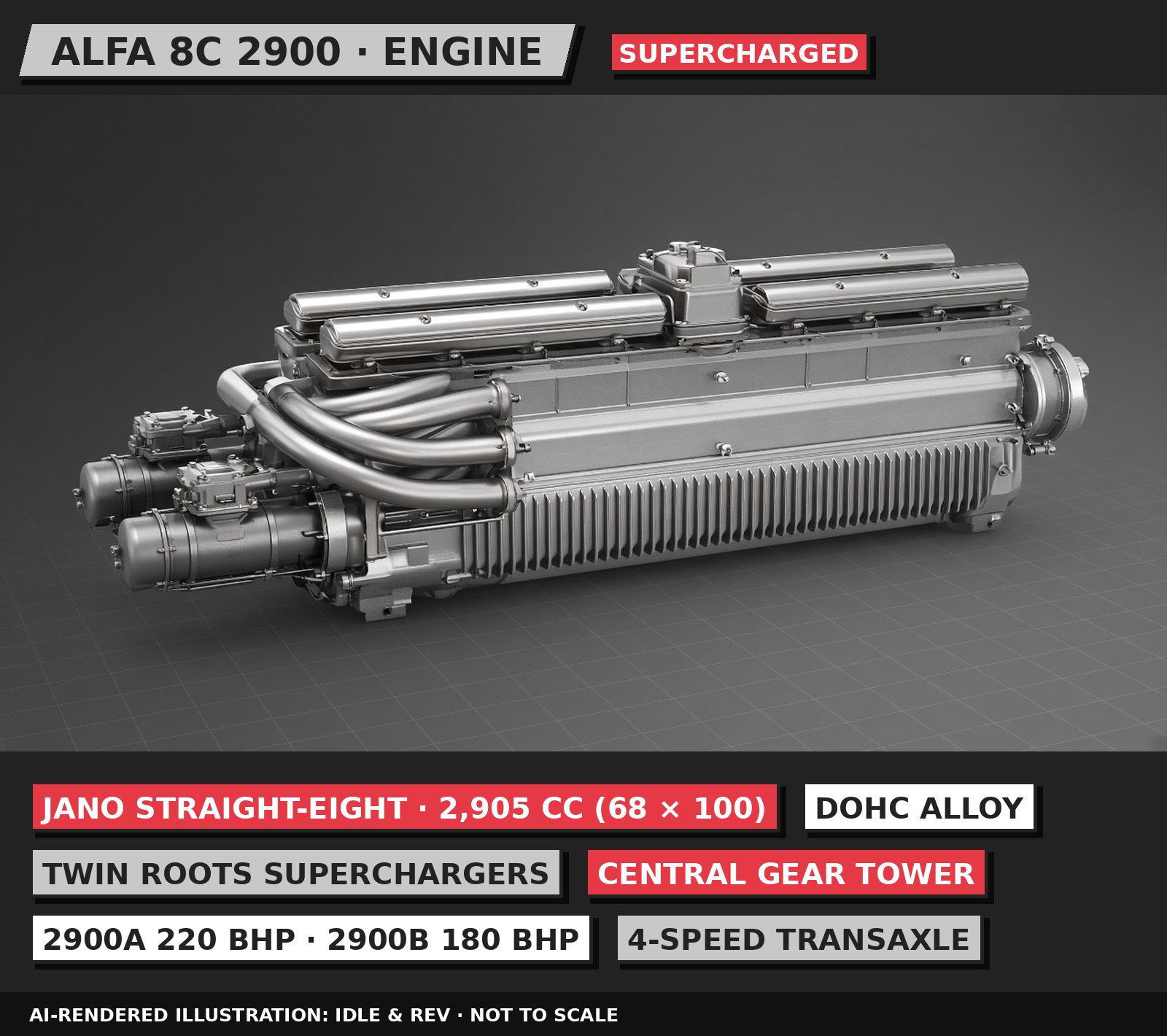 AI-rendered 3D illustration, 80s neo-pop style: Alfa Romeo 8C 2900 engine, labelled