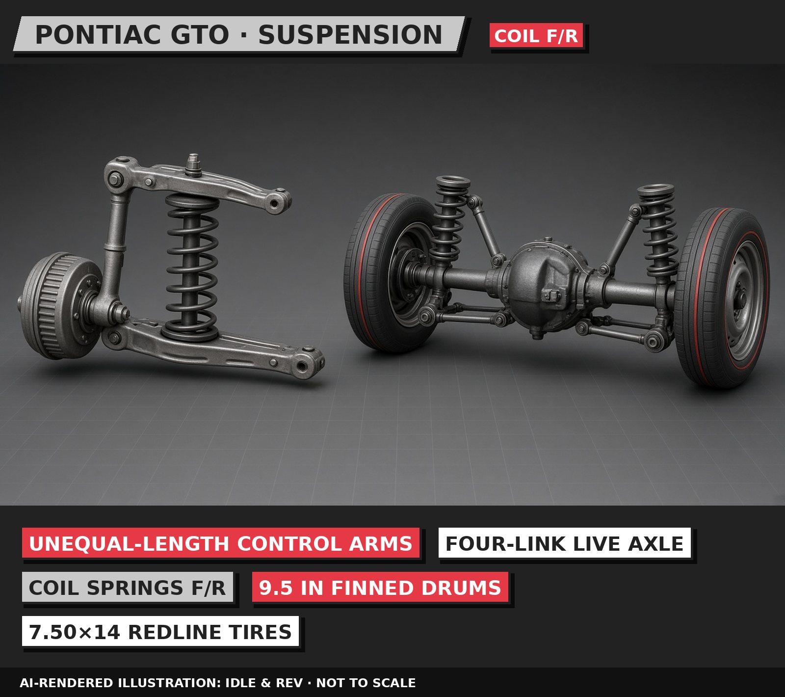 AI-rendered 3D illustration: 1964 Pontiac GTO suspension, labelled