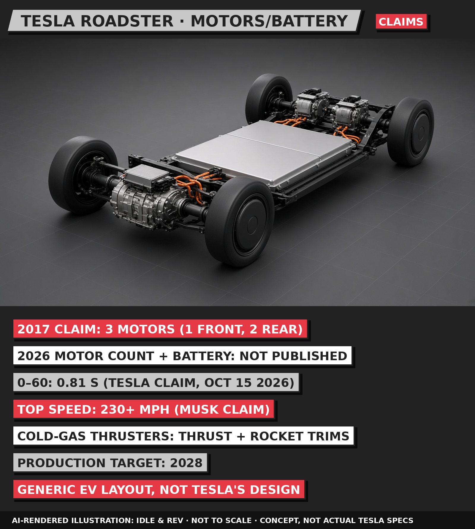 AI-rendered 3D illustration of Tesla Roadster powertrain concept, labelled