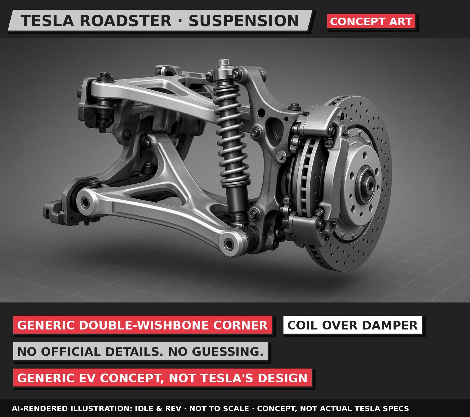 AI-rendered 3D illustration of Tesla Roadster suspension concept, labelled